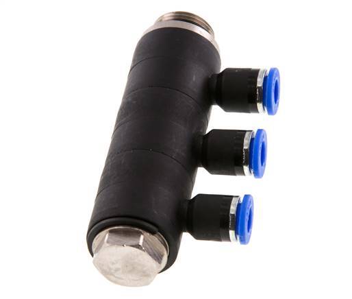Racor rápido de 3 vías de 6 mm x G3/8'' con rosca macho Latón/PA 66 NBR Giratorio
