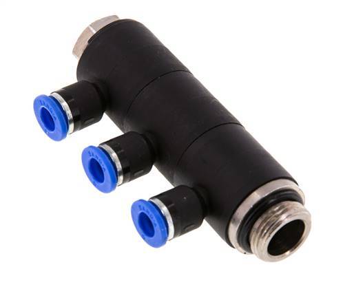 Racor rápido de 3 vías de 6 mm x G3/8'' con rosca macho Latón/PA 66 NBR Giratorio