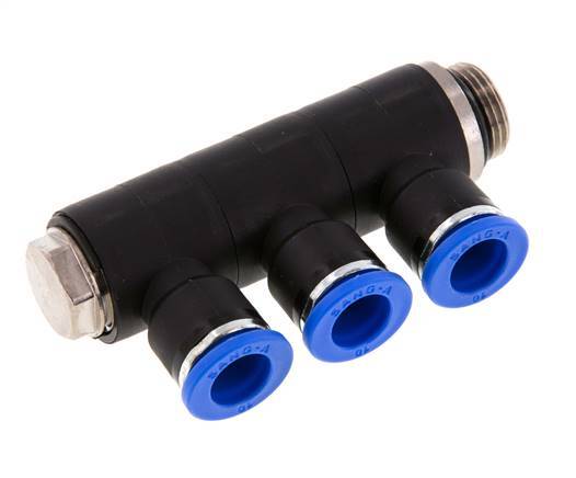 Racor rápido de 3 vías de 10 mm x G3/8'' con rosca macho Latón/PA 66 NBR Giratorio
