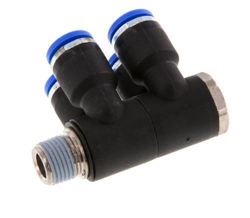 Racor rápido de 4 vías de 6 mm x R1/8'' con rosca macho Latón/PA 66 NBR Giratorio