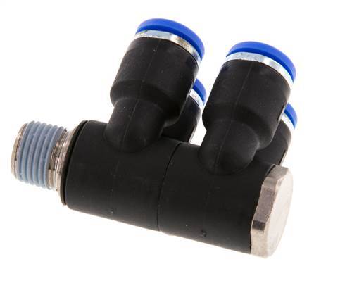 Racor rápido de 4 vías de 6 mm x R1/8'' con rosca macho Latón/PA 66 NBR Giratorio