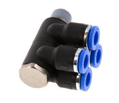 Racor rápido de 4 vías de 6 mm x R1/8'' con rosca macho Latón/PA 66 NBR Giratorio