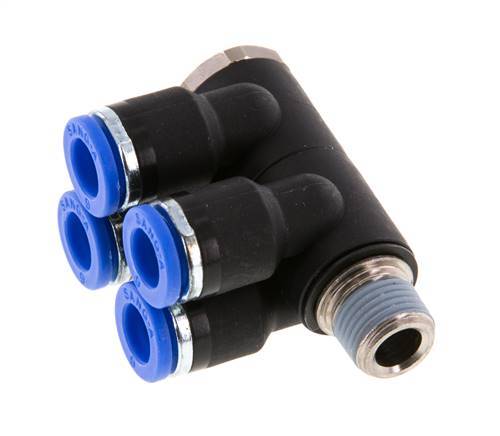 Racor rápido de 4 vías de 6 mm x R1/8'' con rosca macho Latón/PA 66 NBR Giratorio