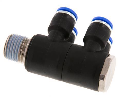 Racor rápido de 4 vías de 6 mm x R1/4'' con rosca macho Latón/PA 66 NBR Giratorio