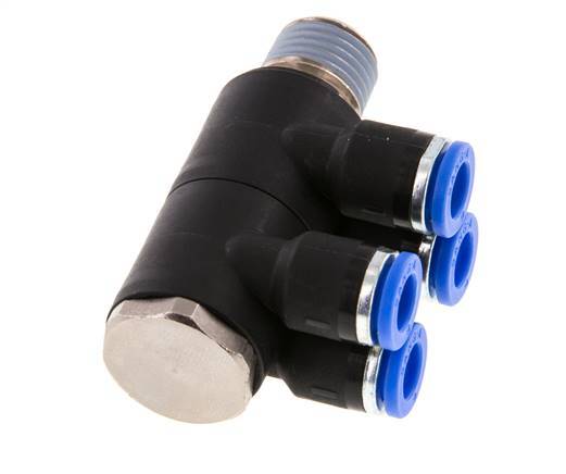 Racor rápido de 4 vías de 6 mm x R1/4'' con rosca macho Latón/PA 66 NBR Giratorio