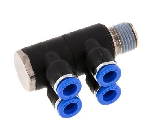 Racor rápido de 4 vías de 6 mm x R1/4'' con rosca macho Latón/PA 66 NBR Giratorio