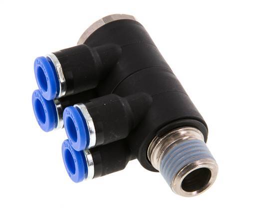 Racor rápido de 4 vías de 6 mm x R1/4'' con rosca macho Latón/PA 66 NBR Giratorio