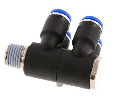Racor rápido de 4 vías de 8 mm x R1/4'' con rosca macho Latón/PA 66 NBR Giratorio