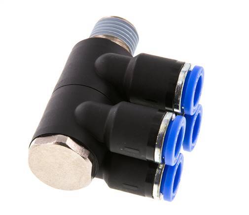 Racor rápido de 4 vías de 8 mm x R1/4'' con rosca macho Latón/PA 66 NBR Giratorio