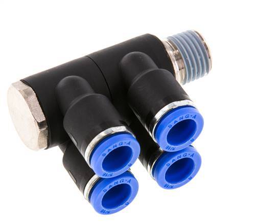 Racor rápido de 4 vías de 8 mm x R1/4'' con rosca macho Latón/PA 66 NBR Giratorio