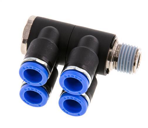 Racor rápido de 4 vías de 8 mm x R1/4'' con rosca macho Latón/PA 66 NBR Giratorio