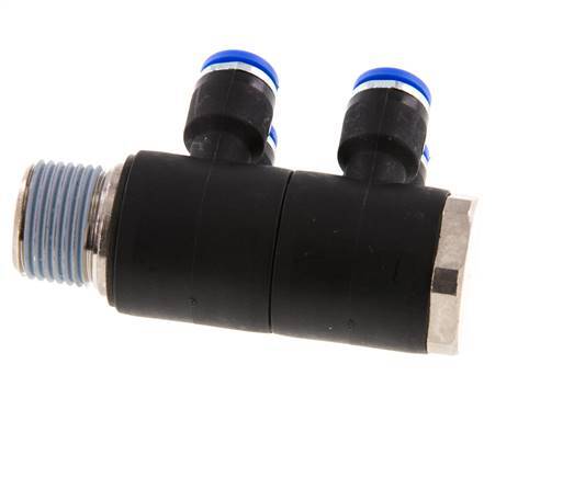 Racor rápido de 4 vías de 6 mm x R3/8'' con rosca macho Latón/PA 66 NBR Giratorio