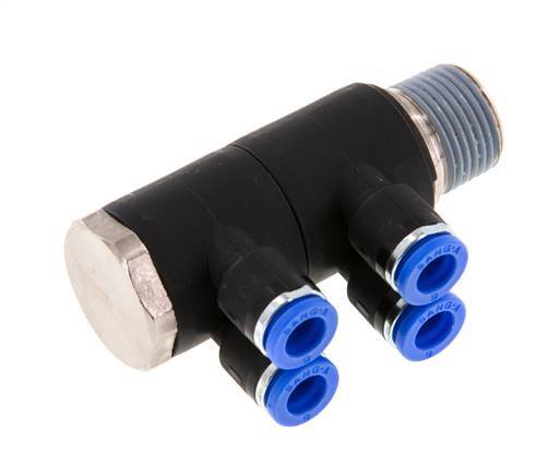 Racor rápido de 4 vías de 6 mm x R3/8'' con rosca macho Latón/PA 66 NBR Giratorio