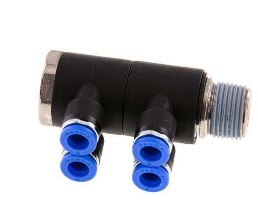 Racor rápido de 4 vías de 6 mm x R3/8'' con rosca macho Latón/PA 66 NBR Giratorio