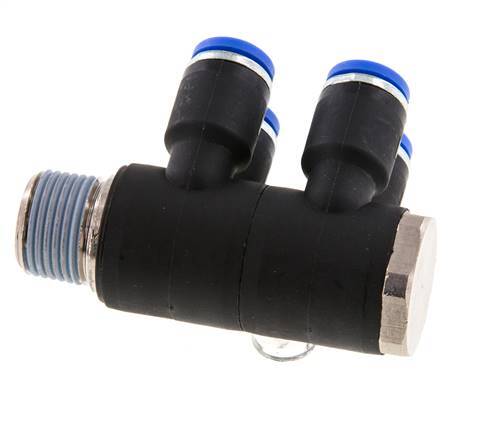 Racor rápido de 4 vías de 8mm x R3/8'' con rosca macho Latón/PA 66 NBR Giratorio