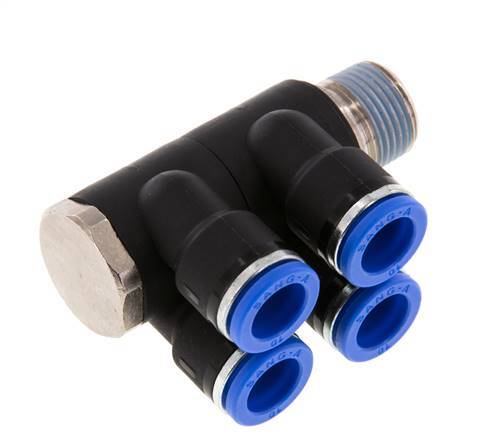 Racor rápido de 4 vías de 10 mm x R3/8'' con rosca macho Latón/PA 66 NBR Giratorio