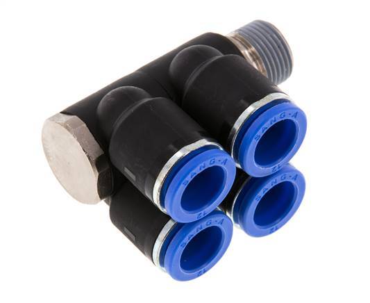 Racor rápido de 4 vías de 12 mm x R3/8'' con rosca macho Latón/PA 66 NBR Giratorio