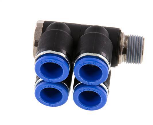 Racor rápido de 4 vías de 12 mm x R3/8'' con rosca macho Latón/PA 66 NBR Giratorio