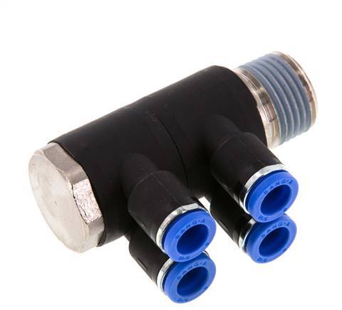 Racor rápido de 4 vías de 8 mm x R1/2'' con rosca macho Latón/PA 66 NBR Giratorio