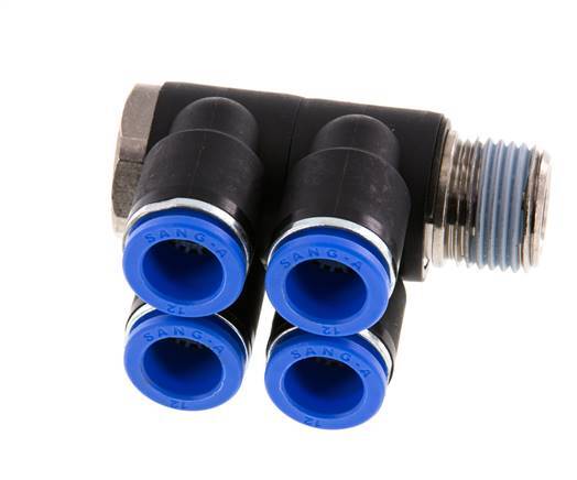 Racor rápido de 4 vías de 12 mm x R1/2'' con rosca macho Latón/PA 66 NBR Giratorio