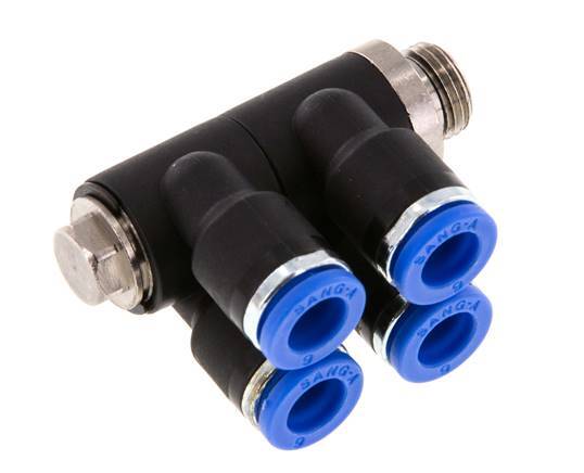 Racor rápido de 4 vías de 6 mm x G1/8'' con rosca macho Latón/PA 66 NBR Giratorio