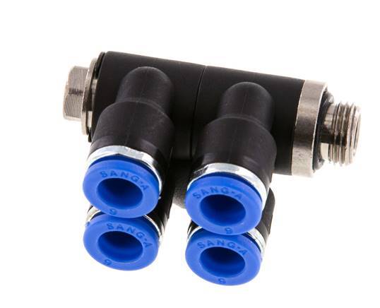 Racor rápido de 4 vías de 6 mm x G1/8'' con rosca macho Latón/PA 66 NBR Giratorio
