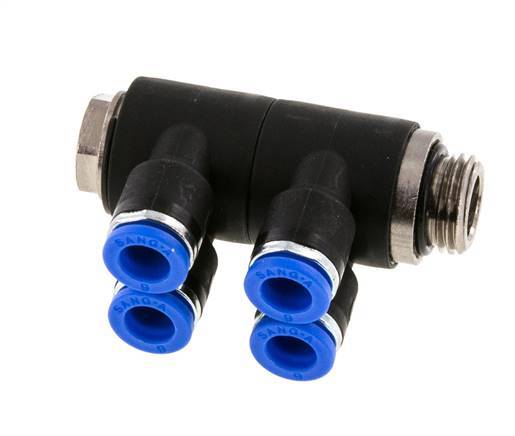 Racor rápido de 4 vías de 6 mm x G1/4'' con rosca macho Latón/PA 66 NBR Giratorio