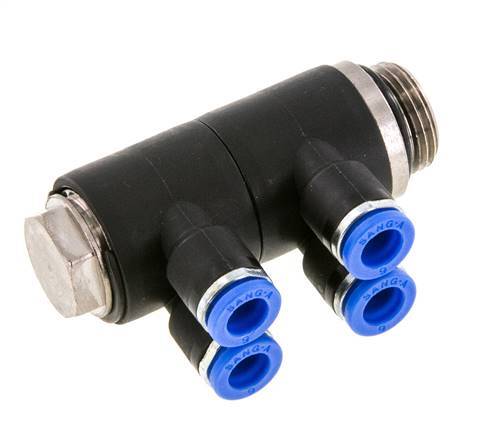 Racor rápido de 4 vías de 6 mm x G3/8'' con rosca macho Latón/PA 66 NBR Giratorio