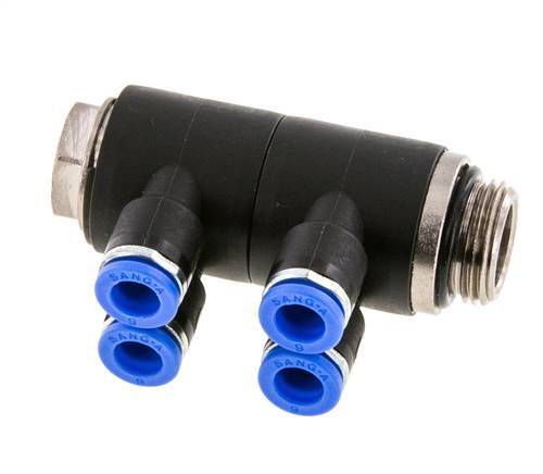Racor rápido de 4 vías de 6 mm x G3/8'' con rosca macho Latón/PA 66 NBR Giratorio