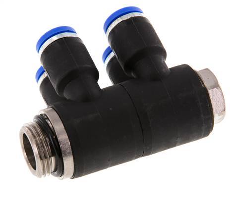 Racor rápido de 4 vías de 8 mm x G3/8'' con rosca macho Latón/PA 66 NBR Giratorio