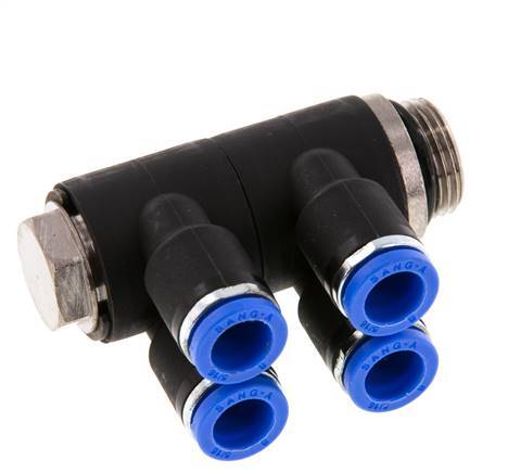 Racor rápido de 4 vías de 8 mm x G3/8'' con rosca macho Latón/PA 66 NBR Giratorio