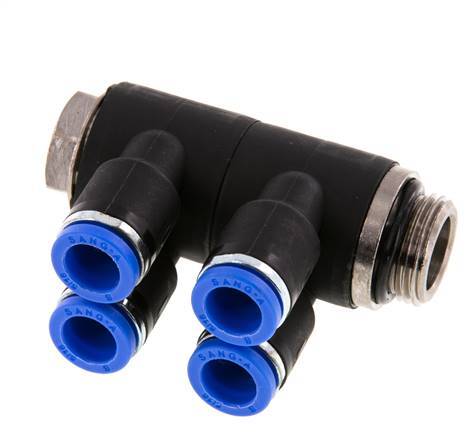 Racor rápido de 4 vías de 8 mm x G3/8'' con rosca macho Latón/PA 66 NBR Giratorio
