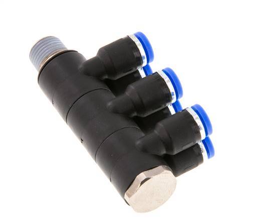 Racor rápido de 6 vías de 4 mm x R1/8'' con rosca macho Latón/PA 66 NBR Giratorio