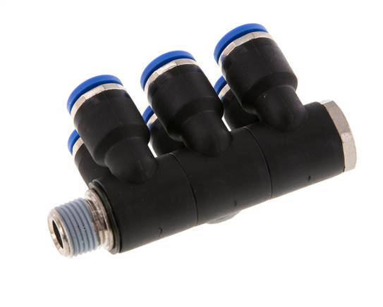Racor rápido de 6 mm x R1/8'' de 6 vías con rosca macho Latón/PA 66 NBR Giratorio