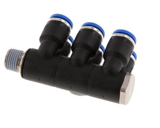 Racor rápido de 6 mm x R1/8'' de 6 vías con rosca macho Latón/PA 66 NBR Giratorio