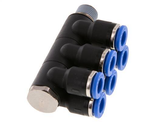 Racor rápido de 6 mm x R1/8'' de 6 vías con rosca macho Latón/PA 66 NBR Giratorio