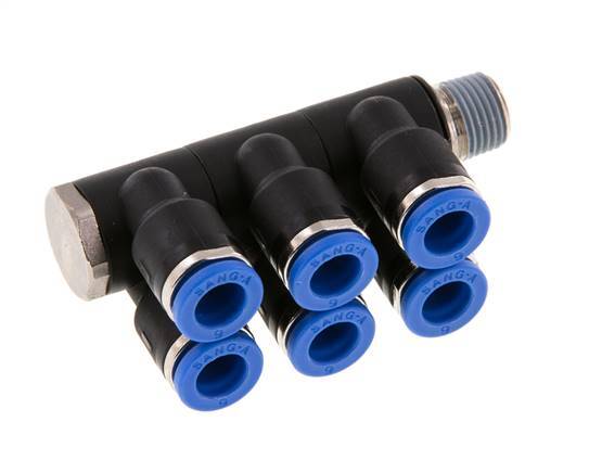 Racor rápido de 6 mm x R1/8'' de 6 vías con rosca macho Latón/PA 66 NBR Giratorio