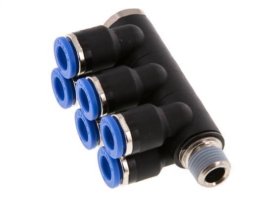 Racor rápido de 6 mm x R1/8'' de 6 vías con rosca macho Latón/PA 66 NBR Giratorio