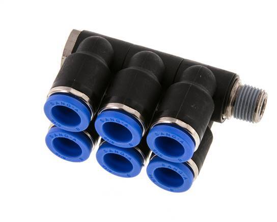 Racor rápido de 6 vías de 8 mm x R1/8'' con rosca macho Latón/PA 66 NBR Giratorio
