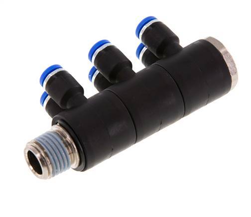 Racor rápido de 6 vías de 4mm x R1/4'' con rosca macho Latón/PA 66 NBR Giratorio