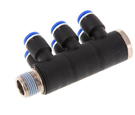 Racor rápido de 6 vías de 8 mm x R3/8'' con rosca macho Latón/PA 66 NBR Giratorio