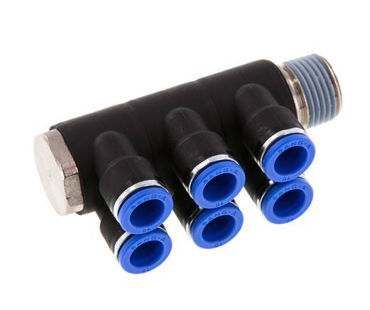 Racor rápido de 6 vías de 10mm x R1/2'' con rosca macho Latón/PA 66 NBR Giratorio
