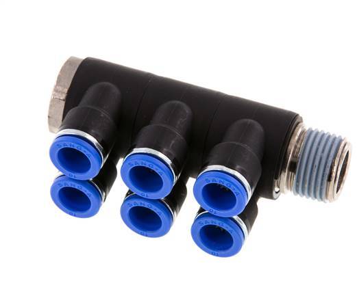 Racor rápido de 6 vías de 10mm x R1/2'' con rosca macho Latón/PA 66 NBR Giratorio