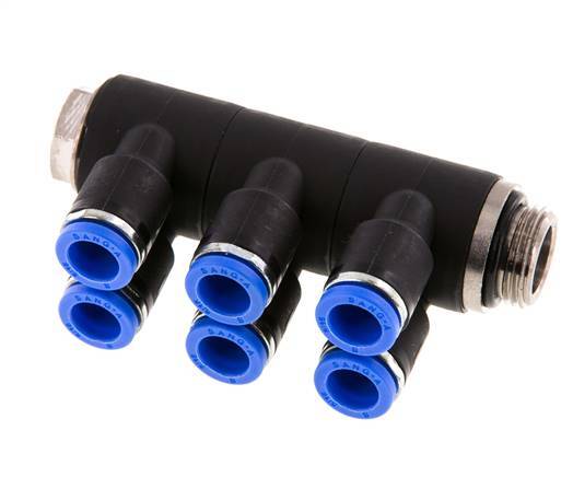 Racor rápido de 6 vías de 8 mm x G3/8'' con rosca macho Latón/PA 66 NBR Giratorio