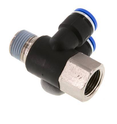 Codo doble de 90 grados de 10mm x R3/8'' con rosca macho-hembra Latón/PA 66 NBR Giratorio