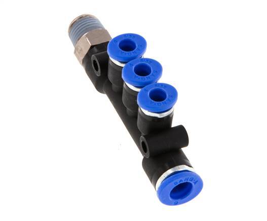 Racor rápido de 3 vías de 4mm x 6mm x R1/8'' con rosca macho Latón/PA 66 NBR Giratorio