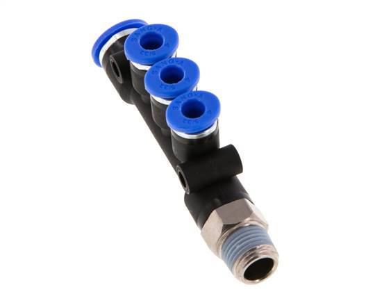 Racor rápido de 3 vías de 4mm x 6mm x R1/8'' con rosca macho Latón/PA 66 NBR Giratorio
