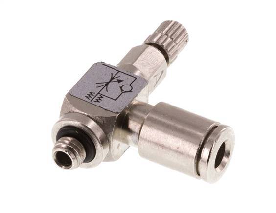 Válvula de control de flujo Codo Meter-In 4 mm - Tornillo moleteado de latón M5