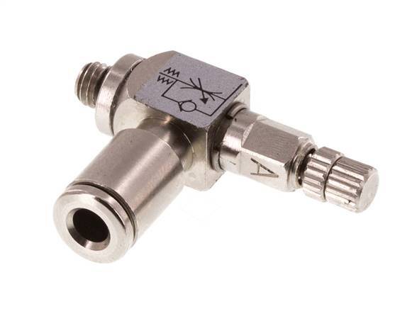 Válvula de control de flujo Codo Meter-In 4 mm - Tornillo moleteado de latón M5
