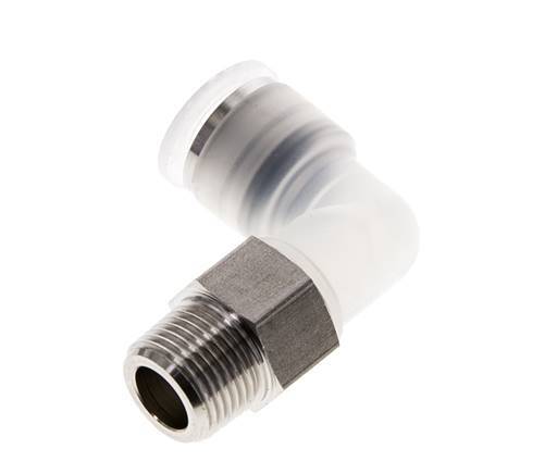 Codo de 90 grados 12mm x R3/8'' con rosca macho PA/Acero inoxidable EPDM/PTFE Giratorio